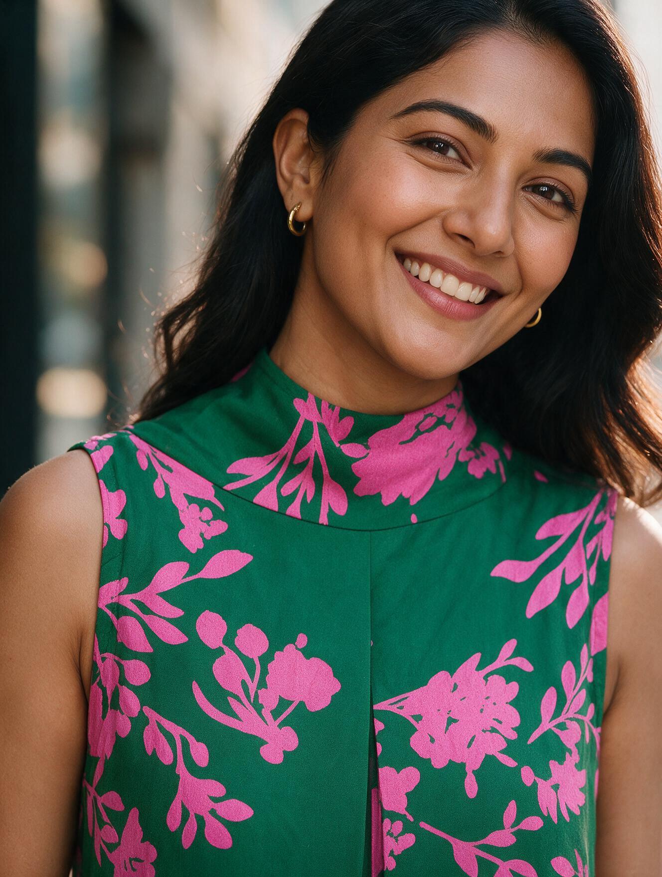 Green and Pink Crepe Silk Dress - Image 3
