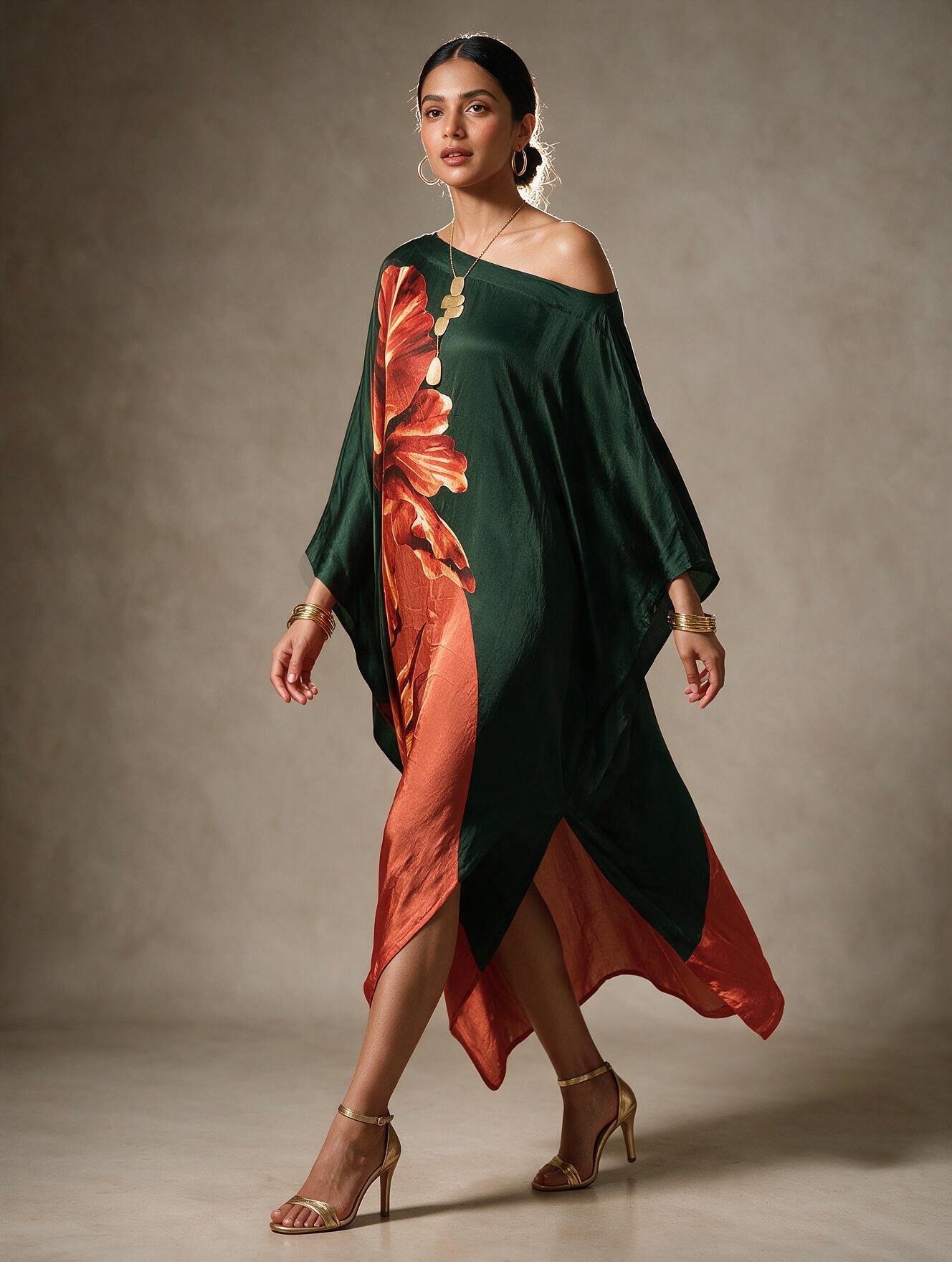 Bottle Green Rust Floral Kaftan Dress - Image 3
