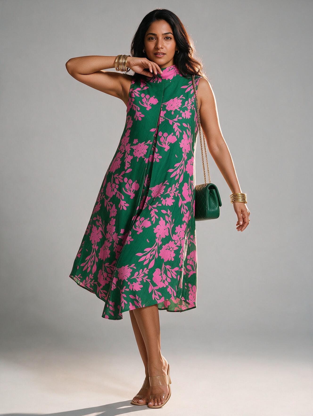 Green and Pink Crepe Silk Dress - Image 4