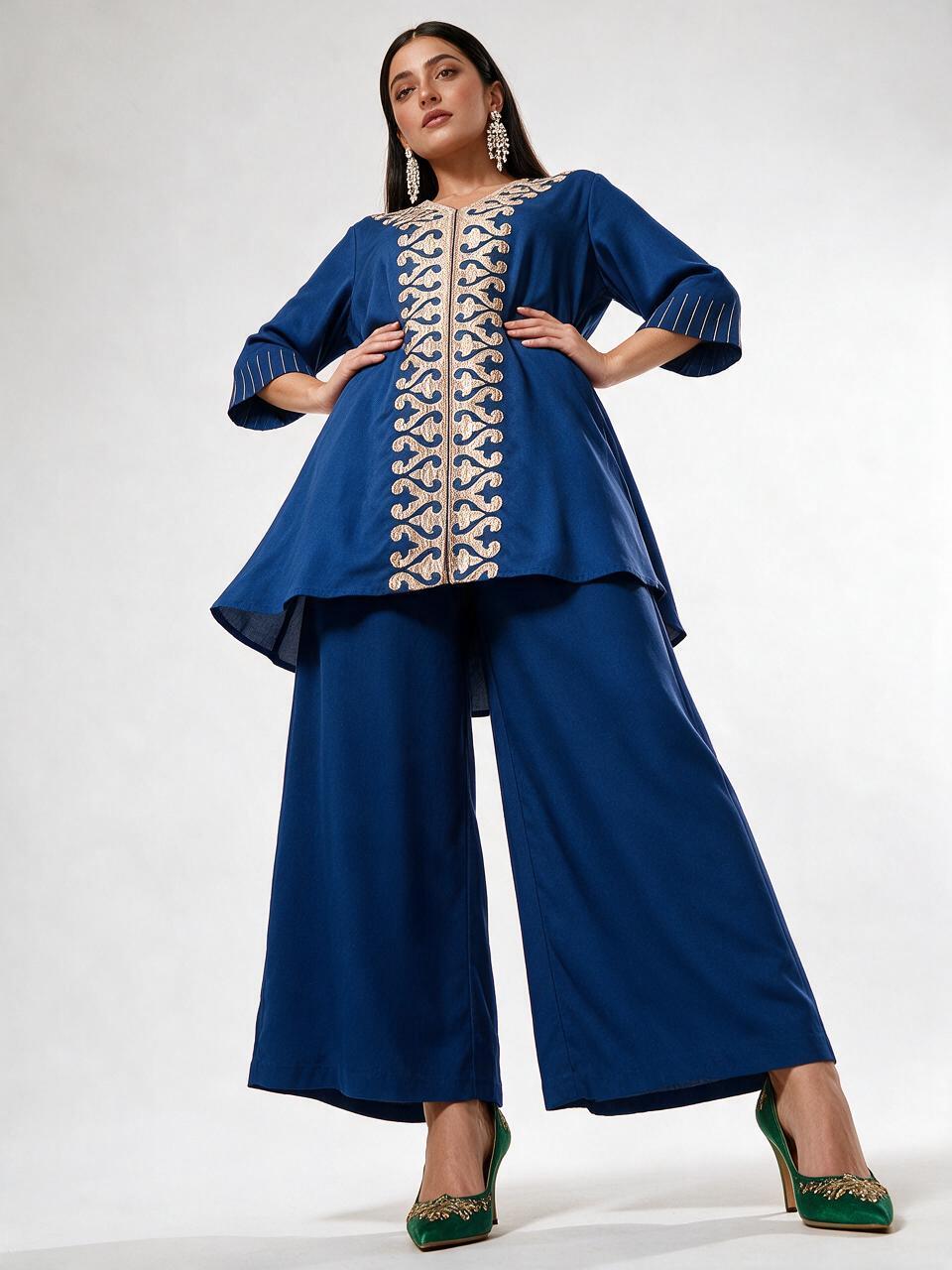 Royal Blue Gold Applique Kurta Pant - Image 3