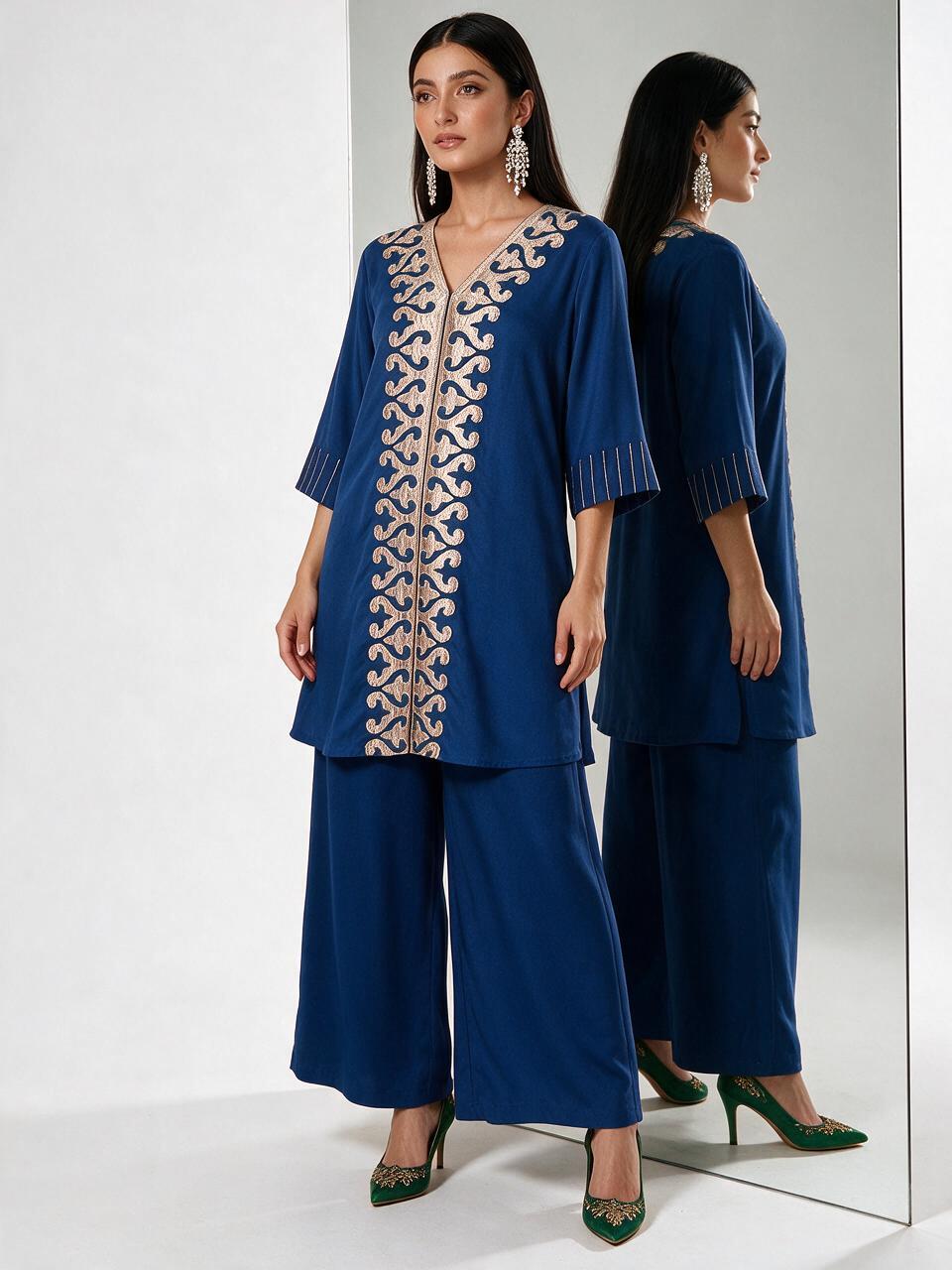 Royal Blue Gold Applique Kurta Pant - Image 2