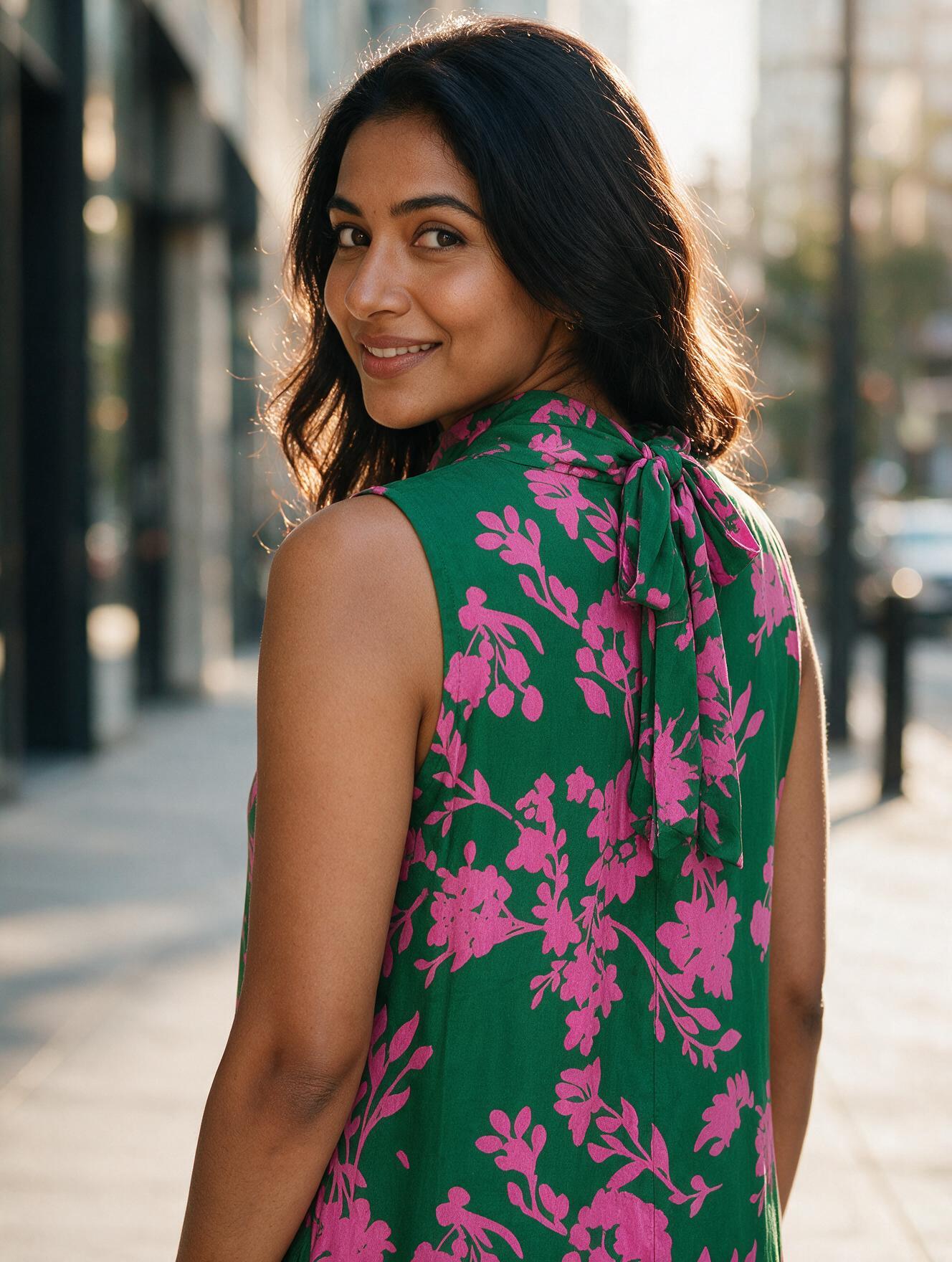 Green and Pink Crepe Silk Dress - Image 2