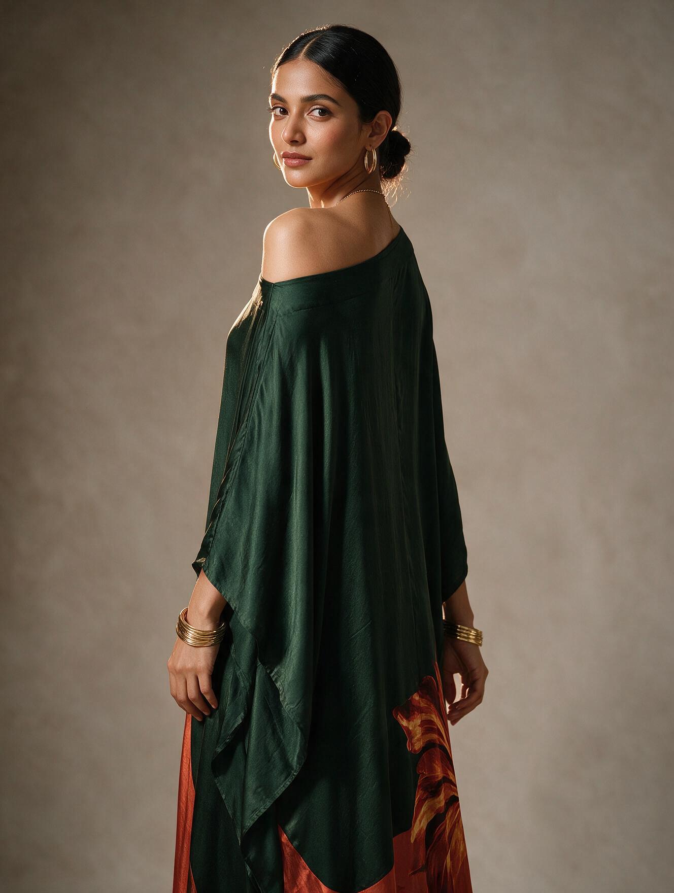 Bottle Green Rust Floral Kaftan Dress - Image 4