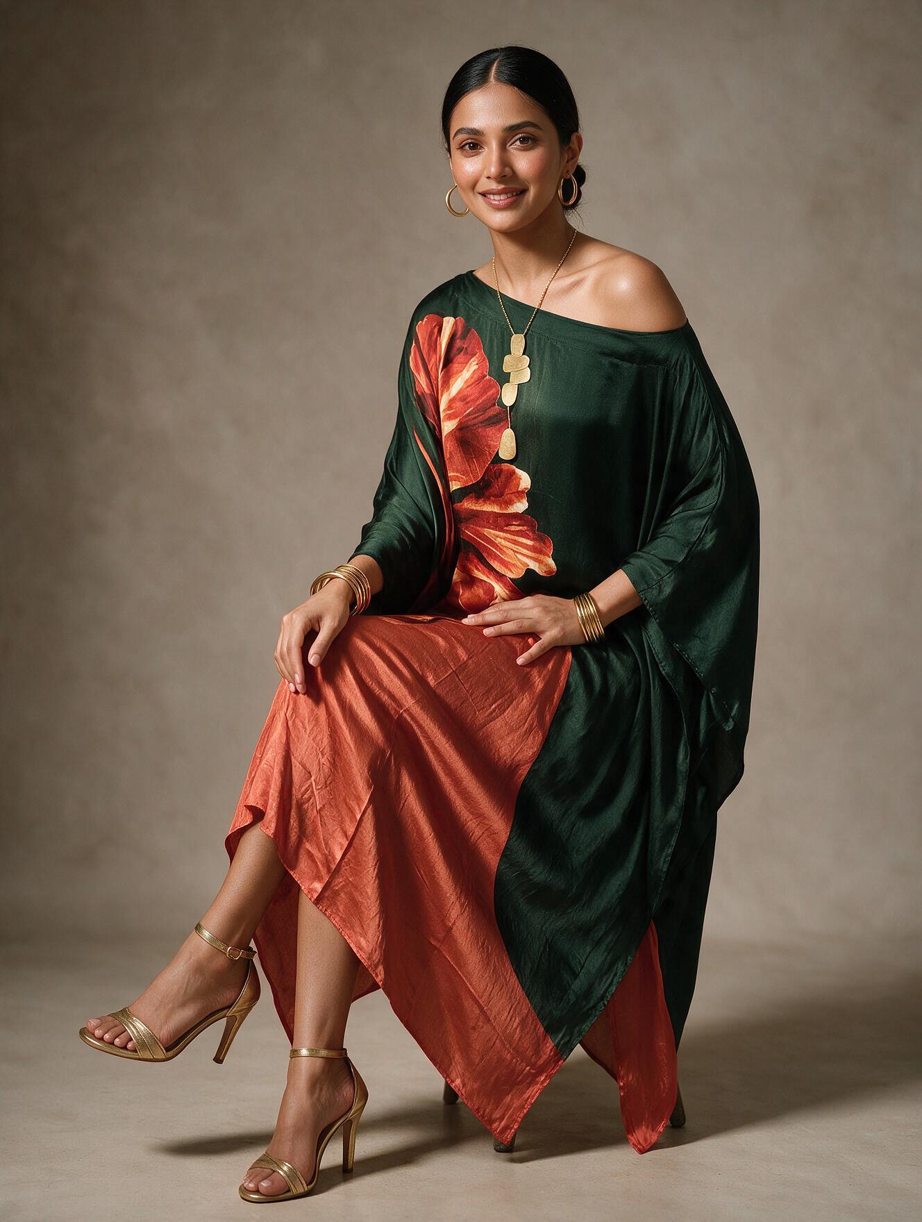 Bottle Green Rust Floral Kaftan Dress - Image 2