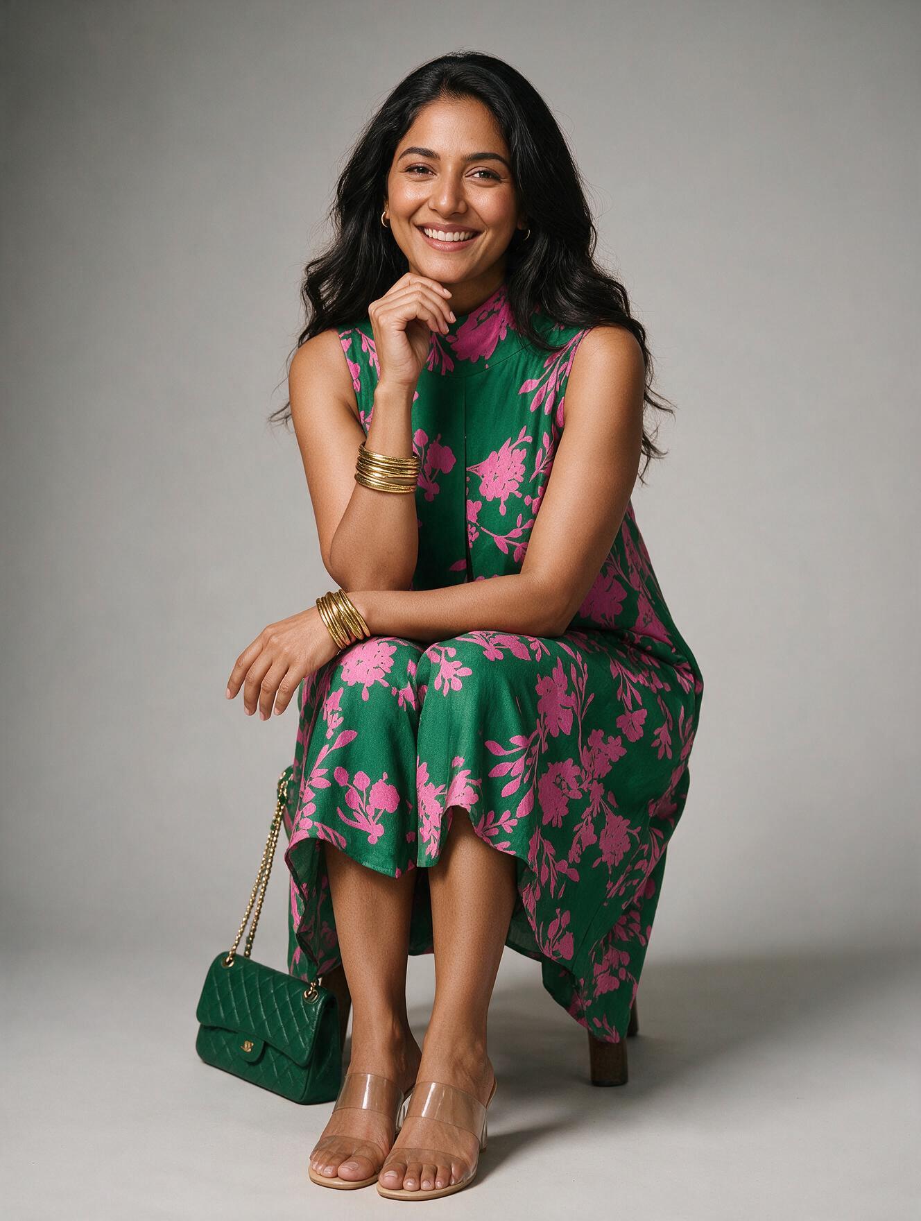Green and Pink Crepe Silk Dress - Image 5